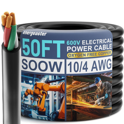 50FT 10/4 SOOW Portable Power Cable-10 Gauge 4 Conductor-10AWG 600V 30A Bulk Cable Water & Oil Resistant Electric Wire for Welder,Generator,Motor Lead,Circuits,EV Car Charger,Heat Pump,Light(ETL)