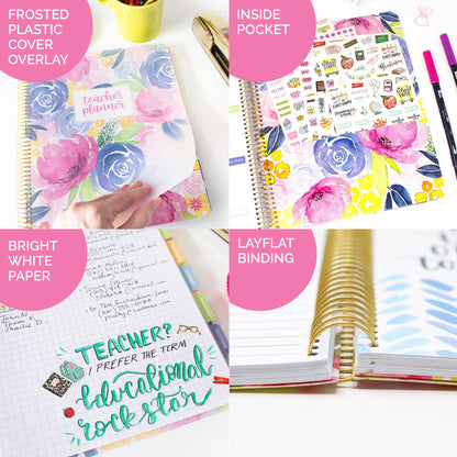 bloom daily planners Undated Academic Year Teacher Planner & Calendar - 7 Period Lesson Plan Organizer Book with Frosted Cover (9" x 11") (Watercolor Floral)