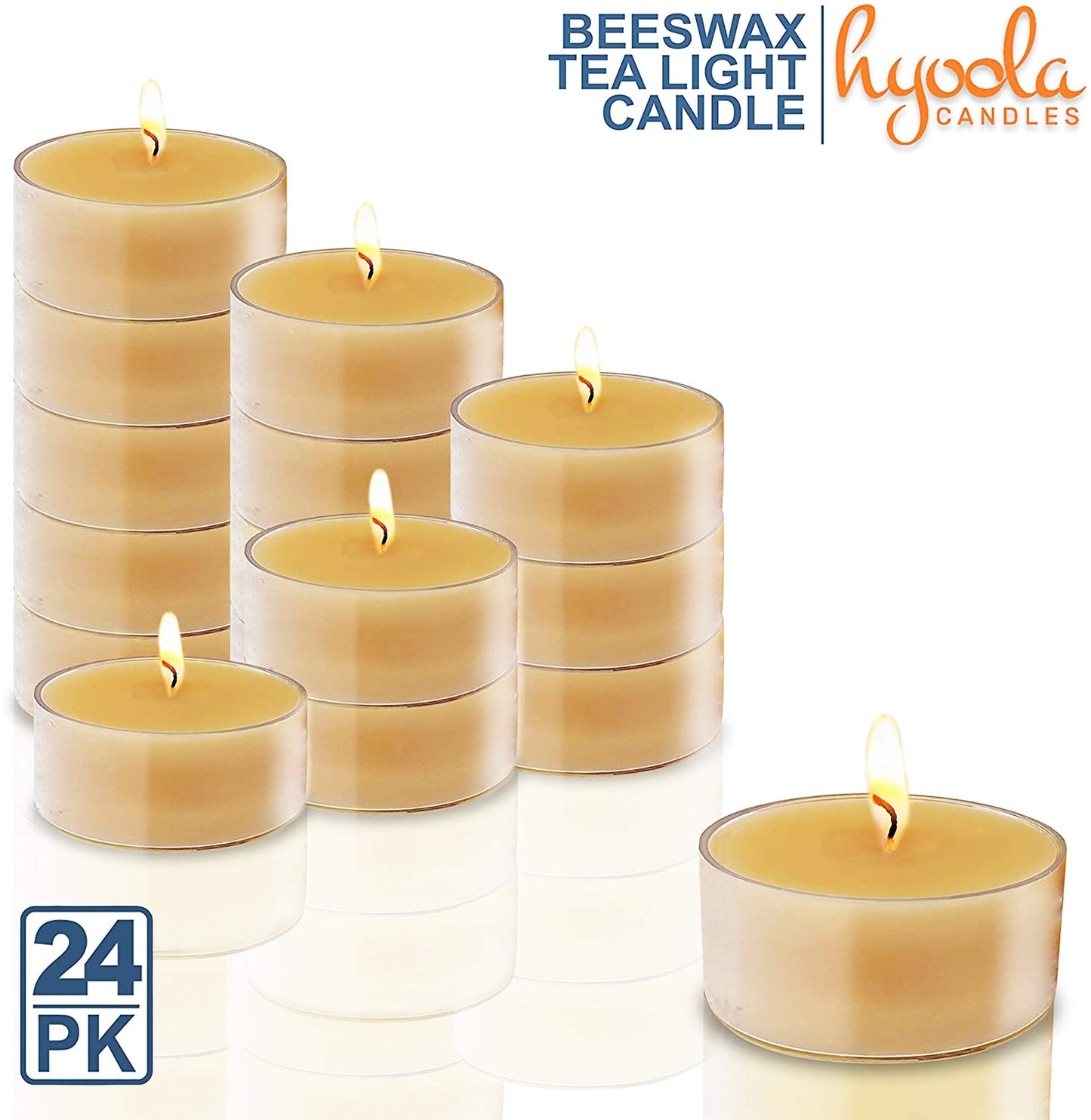 Hyoola Pure Beeswax Tea Lights, Handmade Decorative Unscented, Tealight Candles, 4 Hour Burn Time, Clear Cup (Pack of 24)