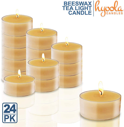 Hyoola Pure Beeswax Tea Lights, Handmade Decorative Unscented, Tealight Candles, 4 Hour Burn Time, Clear Cup (Pack of 24)