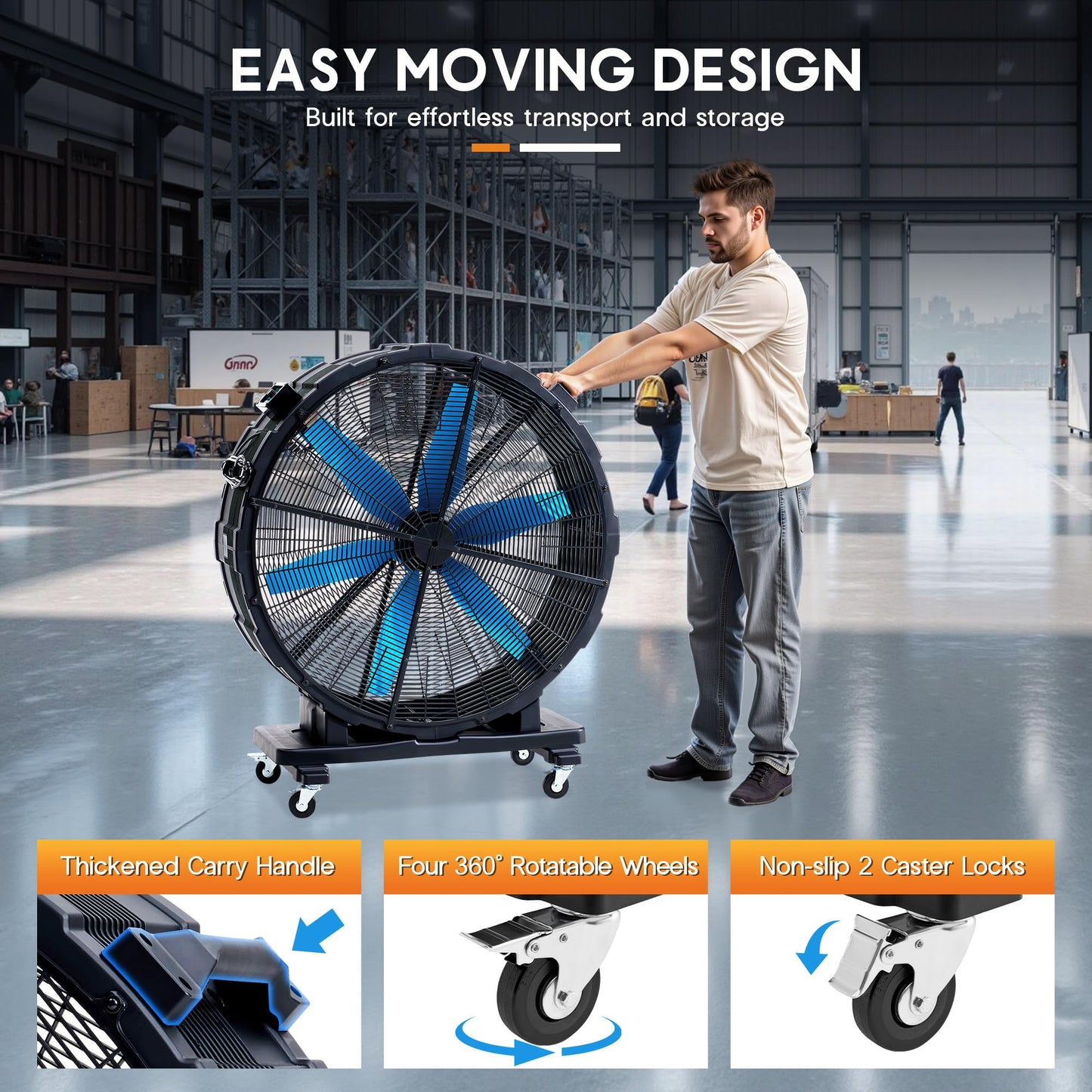 Albott 42 Inch Industrial Drum Fan, 750W High Velocity Plastic Floor Fan with Wheels and 3 Speeds, 17,660 CFM Strong Airflow for Commercial Space, Garage, Workshop, Warehouse, Factorie, and Basement