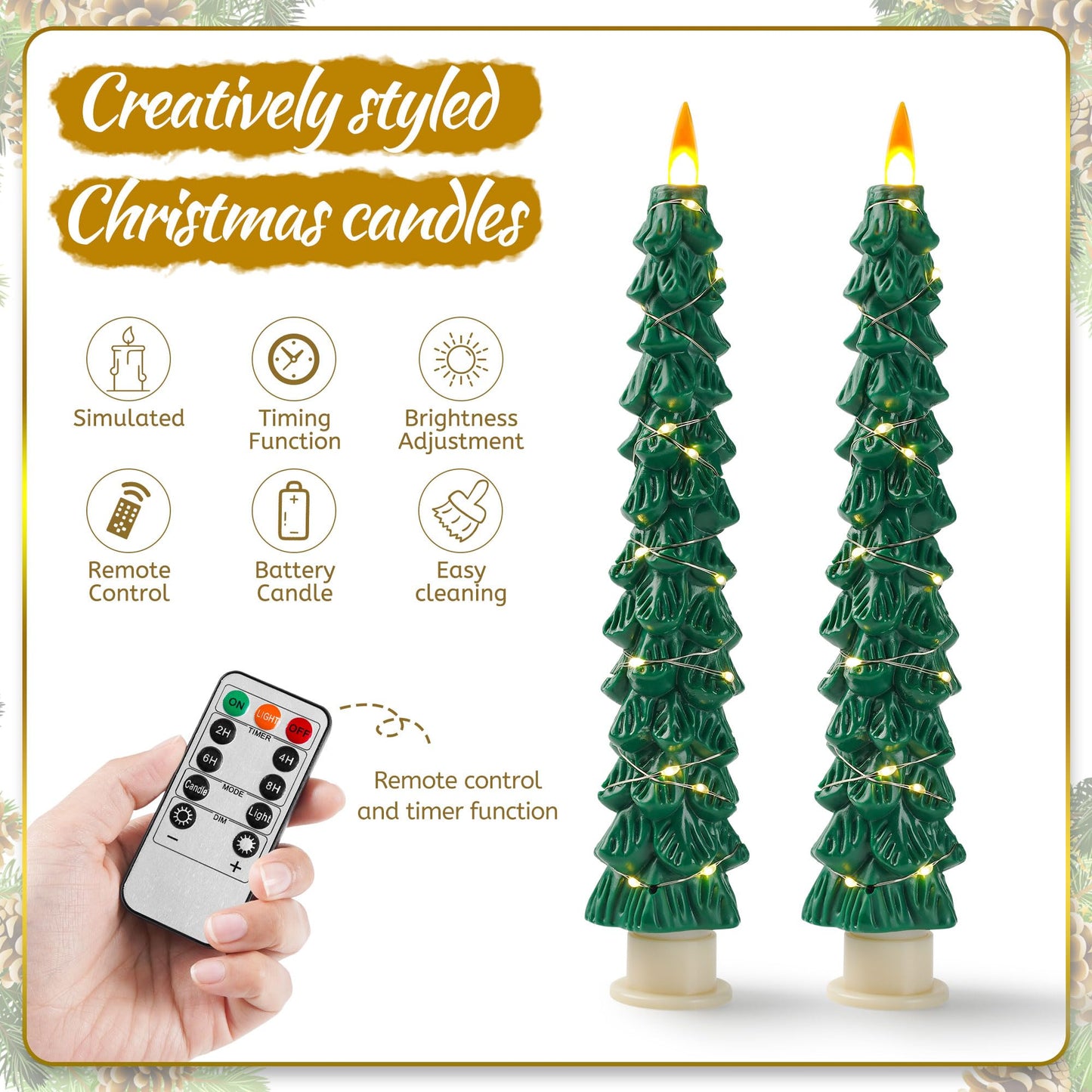 Christmas Tree Candles Surrounded by Fairy Lights, LED flameless Candle Lights with Remote Control Timing Function. Green