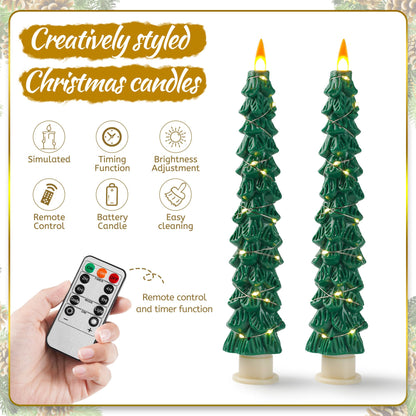 Christmas Tree Candles Surrounded by Fairy Lights, LED flameless Candle Lights with Remote Control Timing Function. Green