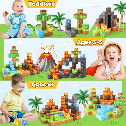 Dinosaur Toys Magnetic Blocks-Build Mine Magnet World Volcano Edition Kids Toy for 3+ Year Old Boys and Girls Building Blocks Toddler Toys Games Through Jurassic Learning Sensory Toy Gifts
