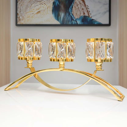 3 Arms Crystal Bowl Tealight Candelabra Votive Candle Stand, Wedding centerpieces for Tables Crystal Candlestick，Centerpiece Table Decorations (Pure Gold)