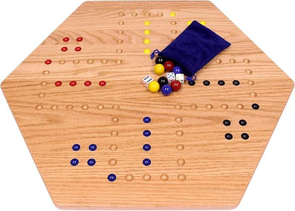 AmishToyBox.com Wahoo Wooden Marble Game Board Set - Large 24 Wide - Solid Oak Wood - Double-Sided - with Large 22mm Marbles and Dice Included