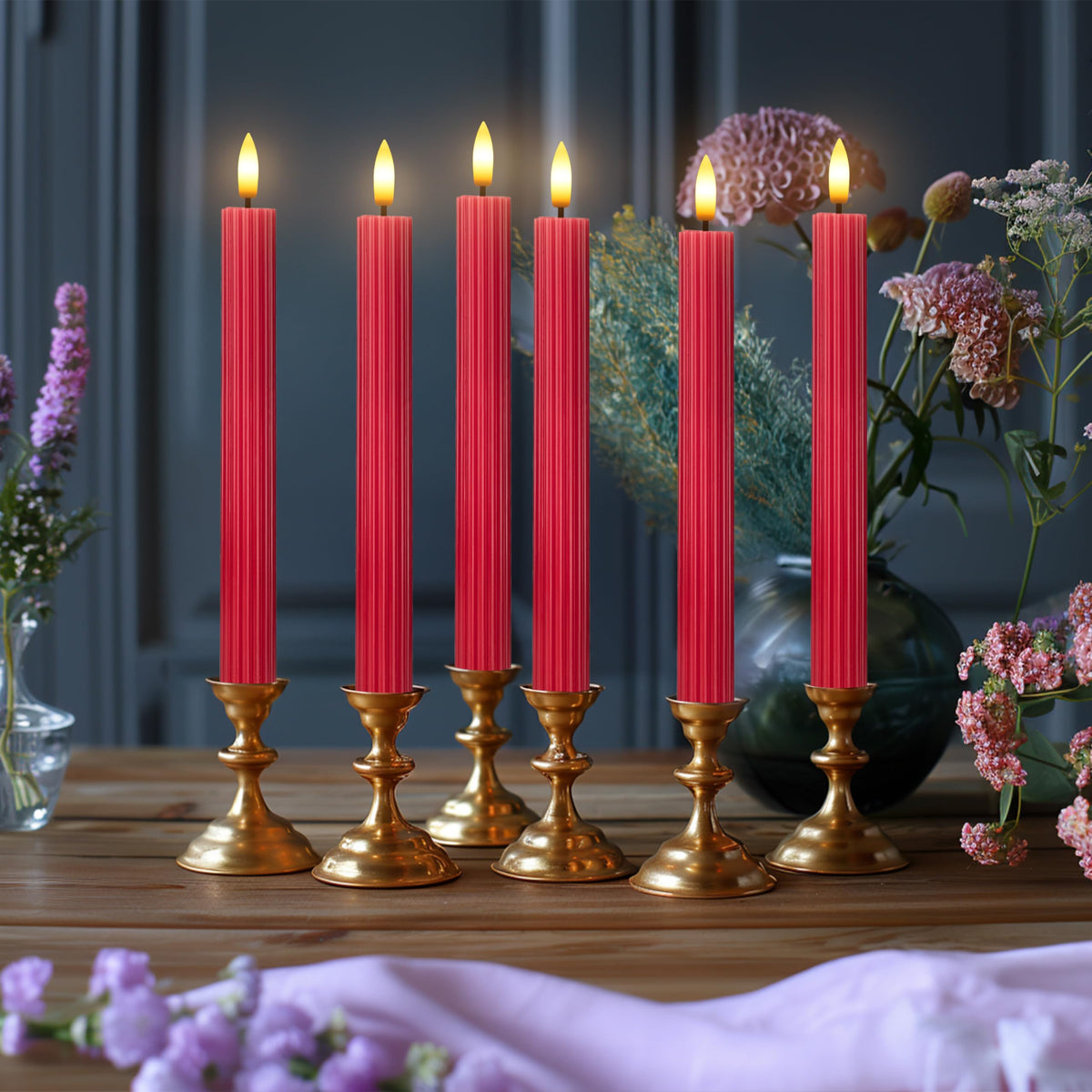 West Ivory 12 Pack, 10" LED Flameless Red Fluted Ribbed Grooved Taper Candles, Remote & 24h Timer Memory, On/Off Button, Dimmable, Flicker Mode, Battery Operated, Christmas Menorah Wedding