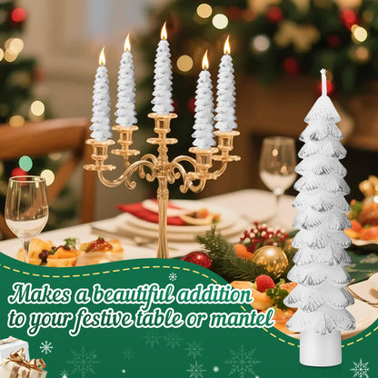 Ceoighe 2 Pack Christmas Tree Candles, 5 Inch Unscented Tree Shaped Taper Beeswax Candles for Christmas Holiday Decor Table Centerpiece Display Party Banquet Gift (White with Silver Trim)