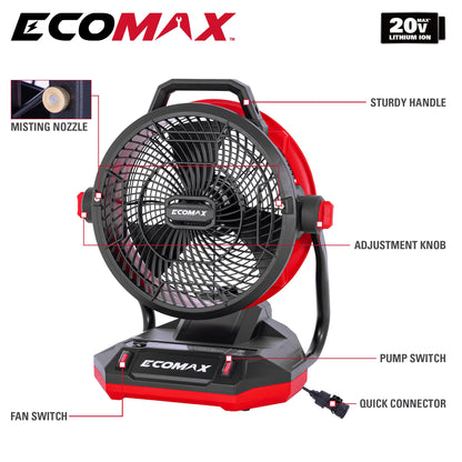ECOMAX 12" AC/DC Bucket Top Misting Fan, Cordless with 2x20V Batteries & 2A Charger, 2-Speed Airflow & 2-Speed Mist Cooling Fan for Outdoor, Patio, Camping, Fits for 5-Gallon Bucket & Garden Hose
