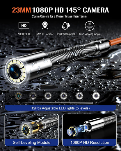 Hialemi Portable 9'' Sewer Camera with 512Hz Transmitter - 100Ft/30M Self Leveling Drain Camera & Meter Counter & 5X Zoom - 145° Plumbing Pipe Inspection Cam with Lights - 1080P IPS Screen & DVR 32GB