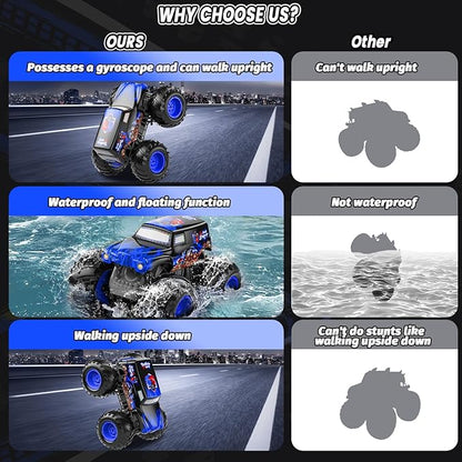 1:14 Waterproof Remote Control Car Front &amp Rear Wheelie Monster Truck Amphibious RC Truck with 2 Sets of Rechargeable Batteries and AAA Batteries 4WD Off-Road Vehicle for Kids Ages 6-12