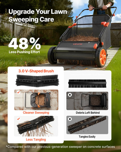 VEVOR Push Lawn Sweeper, 26 in Leaf & Grass Collector with 7 cu. ft. Hopper Bag, Adjustable Brush Height & Spinning Brushes, Heavy Duty Yard Sweeper with Rubber Wheels for Leaves Grass Cleanup