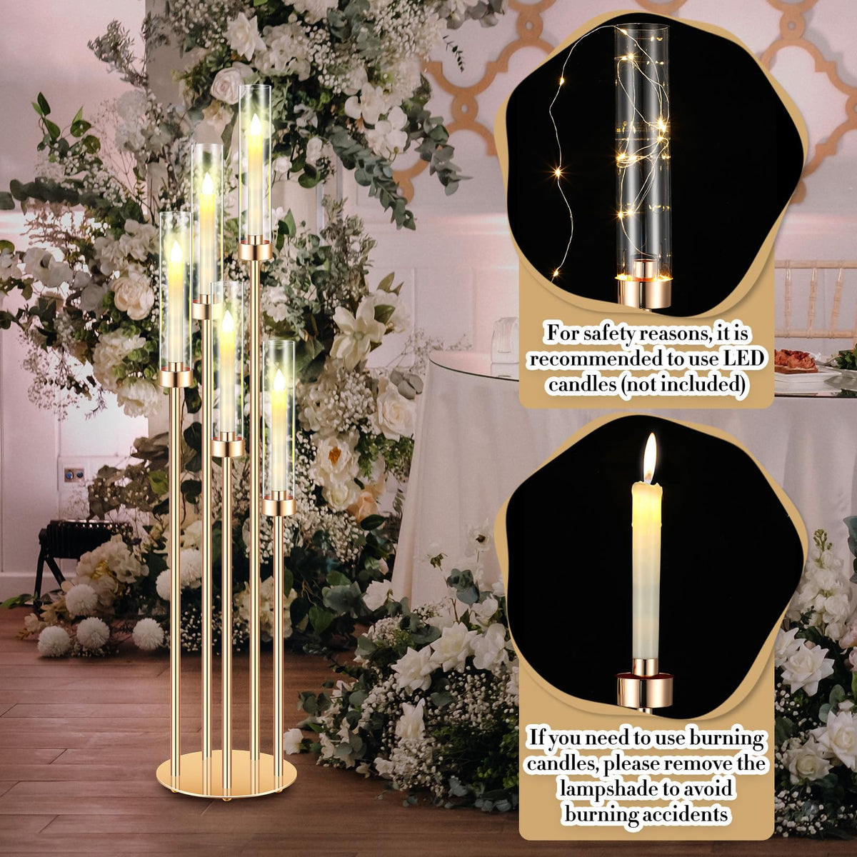 Tandefio 2 Sets Acrylic Candelabra Centerpieces 42.5" Tall Clear Candle Holders Pillar Taper Candlestick with Lampshades 5 Arm Floor Candelabra Stand for Wedding Christmas Ceremony Dinner Party