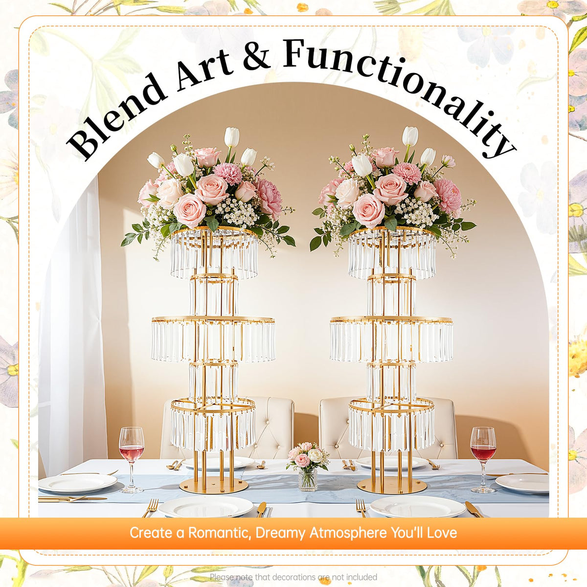 2 PCS Crystal Vases for Centerpieces, 43.3 in Tall Metal Pedestal Stands with Hanging Crystals for Table Chandelier Centerpiece, 5 Tiers Flower Stand for Wedding Reception Party (Gold, Round Base)