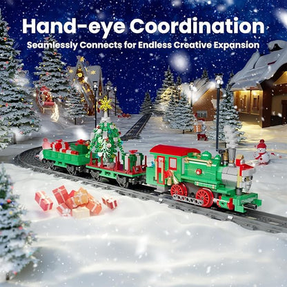 Mould King Christmas Train Building Set Locomotive Model Blocks Kit with Christmas Tree RC Toy Train Sets for Boys Kids and Adults 12039 App and Remote Control Steam Train with Motor (922 Pieces)