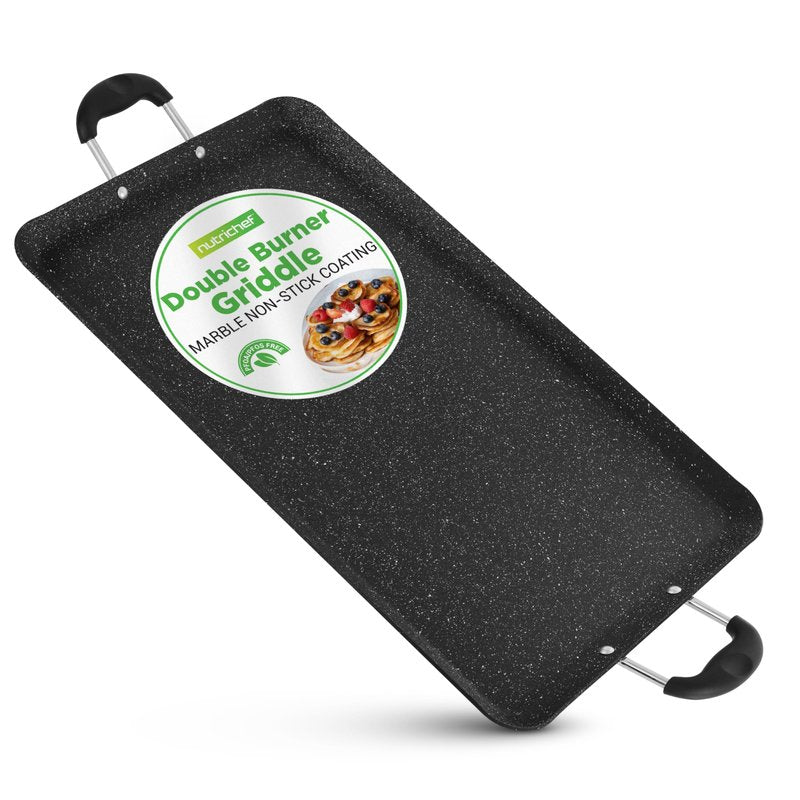 Nutrichef Double Burner Griddle, Non-Stick Stove Top Griddle for Gas Stove, Dishwasher Safe, Heatproof Bakelite Handles, Even Heat Distribution, PFOA & PFOS Free, 20” x 12” x 0.8” Inch (Black)