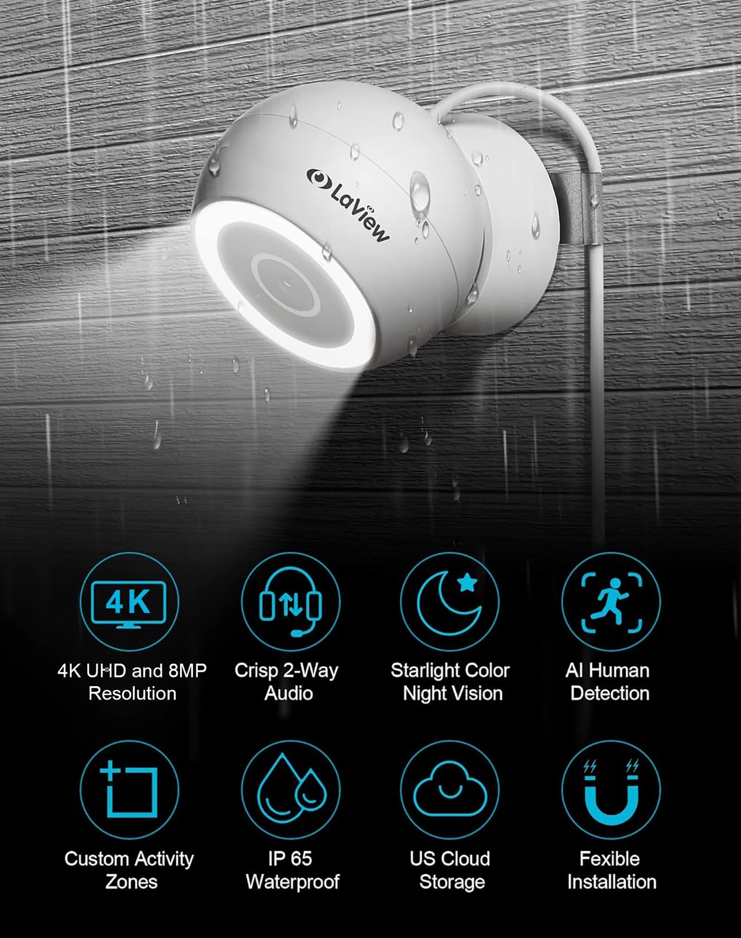 LaView 8MP 4K Security Cameras Outdoor Indoor Wired,IP65, Starlight Sensor & 100 Ft Night Vision,Motion/Person Detection,2-Way Audio/Spotlight,US Cloud,iOS & Android & Web Access