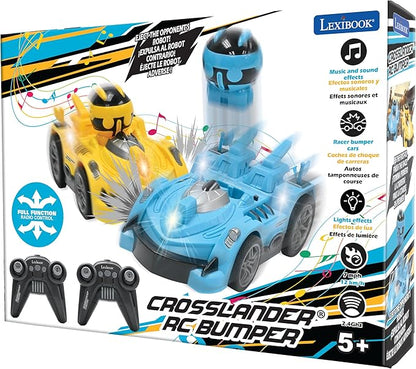 LEXiBOOK Crosslander® RC Bumper Set of 2 Radio-Controlled Racer Bumper Cars up to 12 km/h (7mph) 2 Removable Characters Sound and Light Effects Yellow/Blue RC2