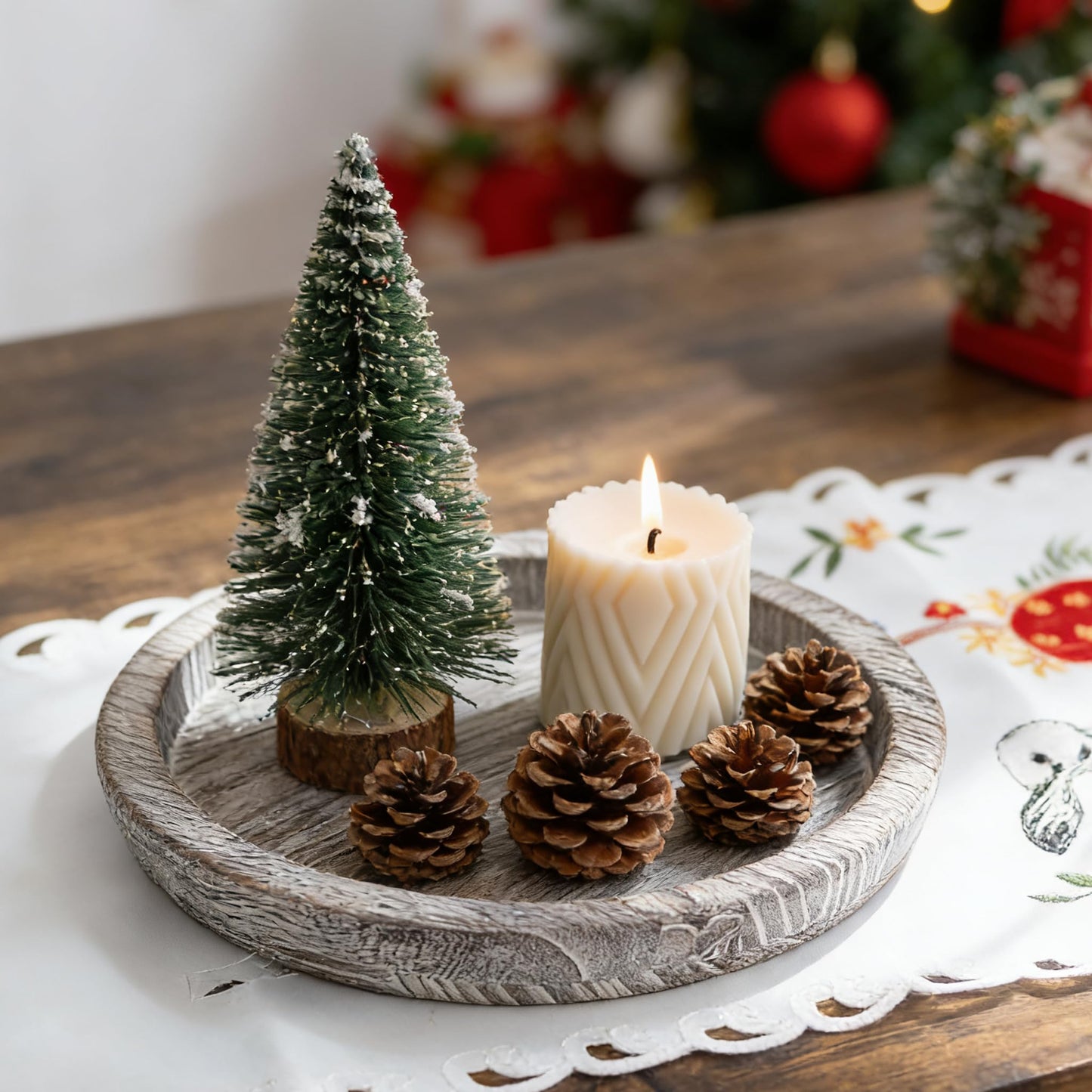 Hanobe Candle Plate Holder Tray: Round Wood Decorative Candle Plate - Rustic Farmhouse CoffeeTable Decor - Tealight Pillar Trays for Home Decor (Whitewash)