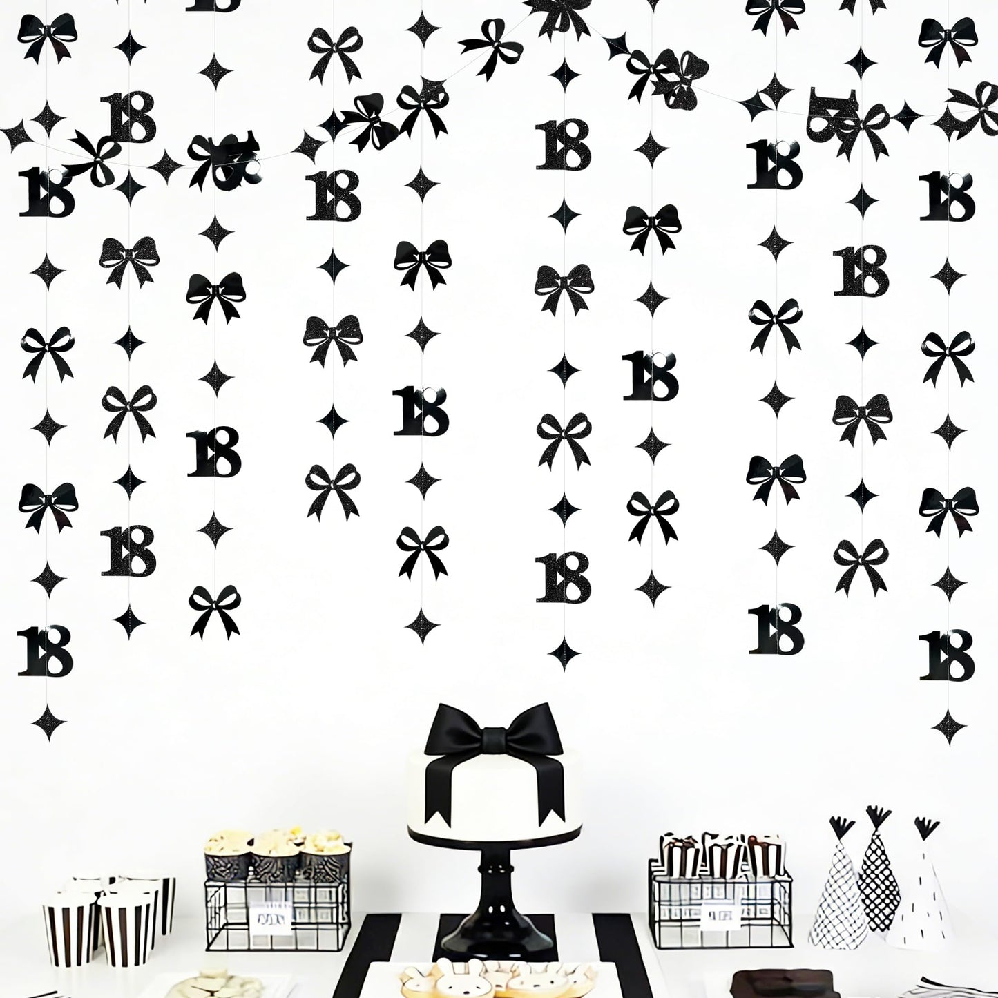 Black 18th Bow Birthday Decorations Glitter Conquette Bow Garland Streamer Banner Backdrop for Girls Boys Happy 18th Birthday Time to Adult Cheers to 18 Years Old Anniversary Party Supplies