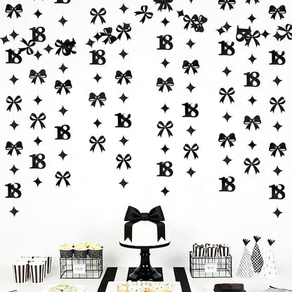 Black 18th Bow Birthday Decorations Glitter Conquette Bow Garland Streamer Banner Backdrop for Girls Boys Happy 18th Birthday Time to Adult Cheers to 18 Years Old Anniversary Party Supplies