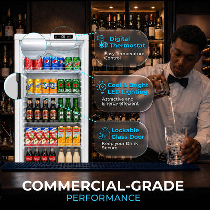 GRS Commercial Display Refrigerator with Glass Door Lock | Cool Air Flow & Temperature | Beverage fridge, Drink and Wine Cooler with Adjustable Display Shelf for Stores and Bars | Silver, 7.1 Cu. Ft