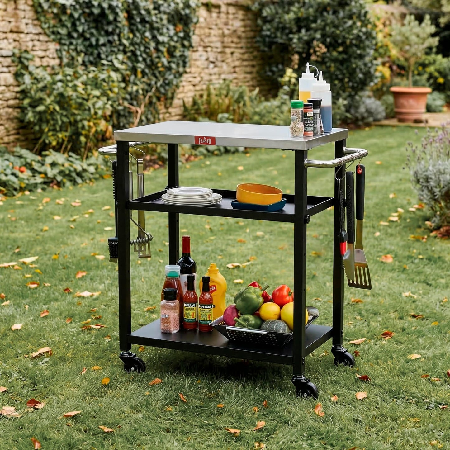 Feasto 3-Tier Outdoor Grill Cart, Rolling Pizza Oven Table with Compact 26.6" x 16.1" Stainless Top for Pizza Ovens & Griddles, Outdoor Bar Cart with S-Hooks for Patio Parties, Deck Dining & Camping