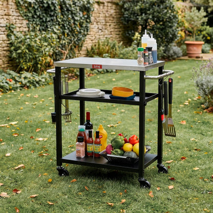 Feasto 3-Tier Outdoor Grill Cart, Rolling Pizza Oven Table with Compact 26.6" x 16.1" Stainless Top for Pizza Ovens & Griddles, Outdoor Bar Cart with S-Hooks for Patio Parties, Deck Dining & Camping