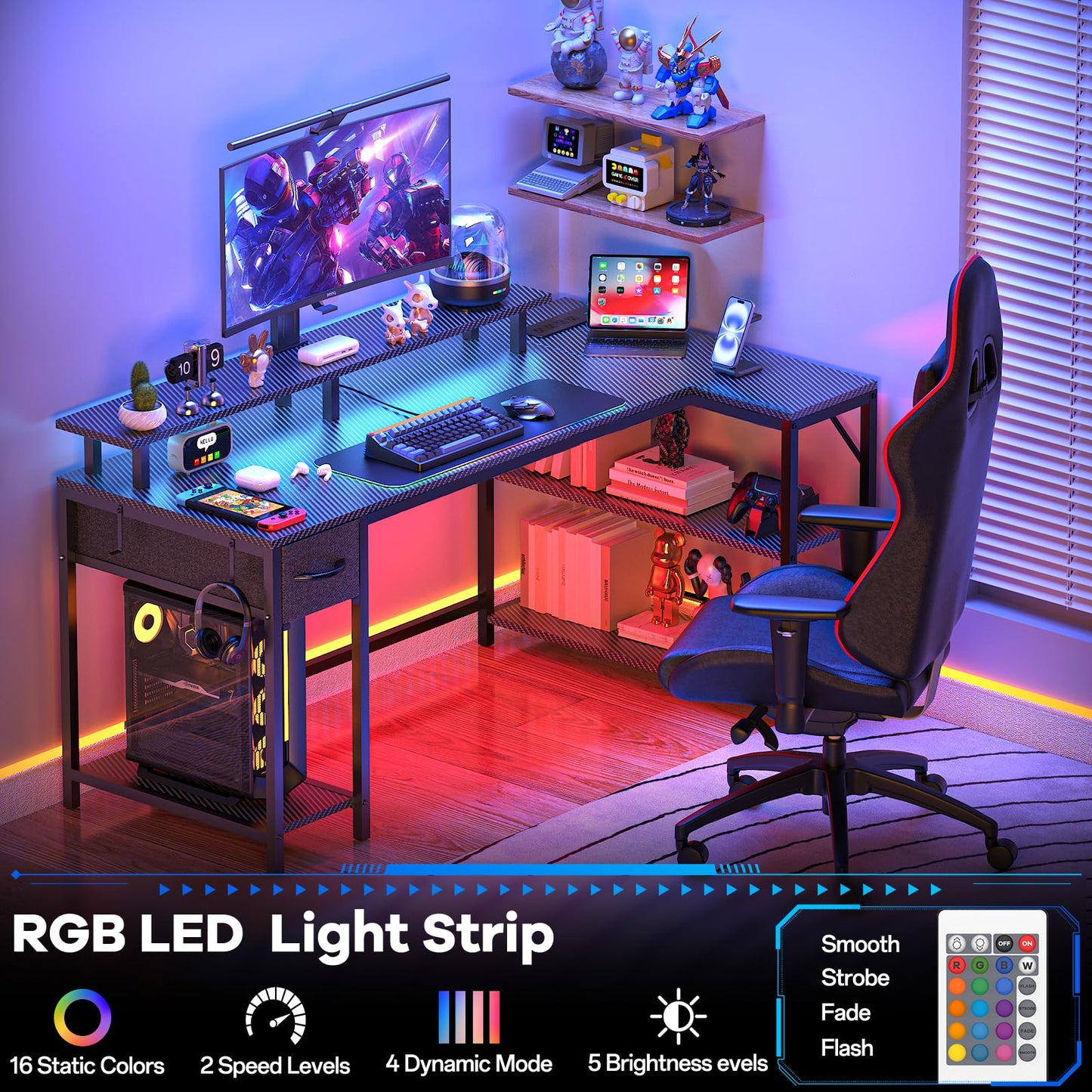 Eivanet 47 inch Gaming Desk with USB Charging Ports and LED Light, Reversible L Shaped Desk, L Shaped Desk with Hook & Monitor Stand, Computer Desk with Drawer and Shelves for Home Office Bedroom