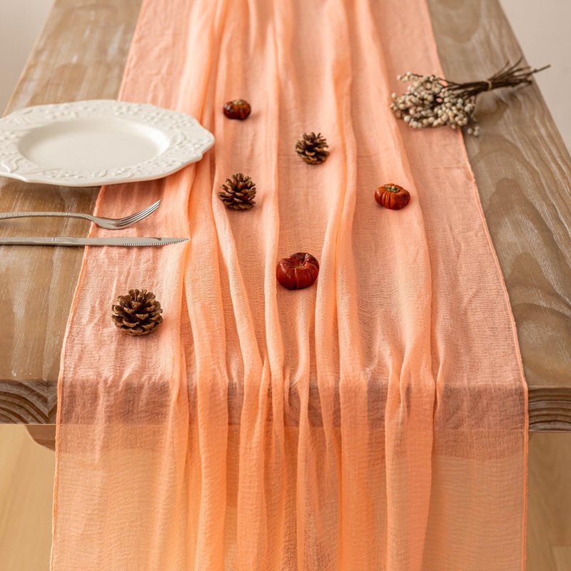 Keketoarrange 6pcs Fresh Salmon Cheesecloth Table Runner Valentines Decor Peach Echo Gauze 120 Inch 10 FT Boho Table Runner for Wedding Baby Shower Bridal Shower Party Sheer Spring Home Decorations