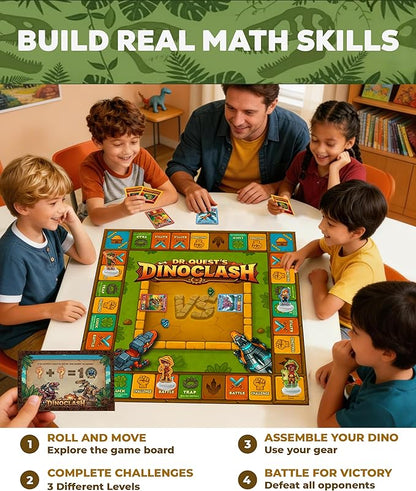 Dr. Quest Dino Clash Educational Math Board Game | Dinosaur-Themed Addition &amp Subtraction Game | Educational Family &amp Homeschool Math Game for Kids Ages 6–10