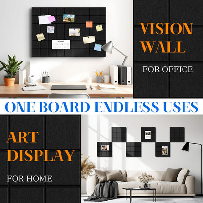 DOLLAR BOSS Felt Cork Board Tiles, 6 Packs 12" x 12" 1/2" Thick Bulletin Board Adhesive Acoustic Panels Soundproof Corkboards for Walls with 60 Pushpins for Home Office Kitchen School, Grid