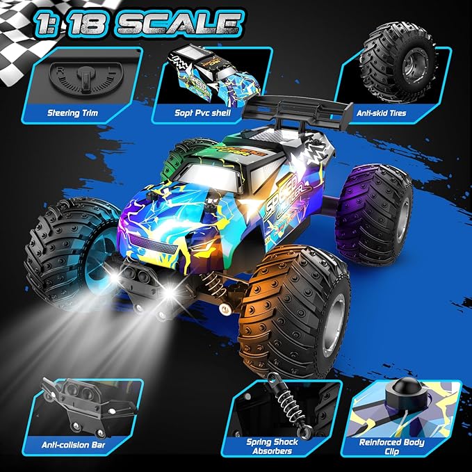 Remote Control Car 2WD Off-Road Rc Truck 20 KM/H All-Terrain RC Cars with Headlights &amp Body Lights 2.4GHz 2 Batteries Remote Control Car for Boys 4-7 8-12 Gift Toys for Boys Girls