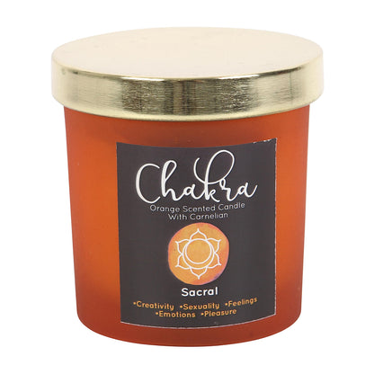 Sacral Chakra Candle: Orange Fragranced with Carnelian Crystal Chips, Reusable Glass Holder, Metallic Lid - 25-Hour Burn Time, Paraffin Wax - Spiritual Purpose, Seven Chakras Healing
