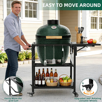 Outdoor Grill Table for Big Green Egg, Heavy Duty Metal Cart Prep Table with Wheels, Folding Panels, Storage Shelf, Hooks, Removable Central Cover, Compatible with Large Big Green Egg, Kamado Joe Jr