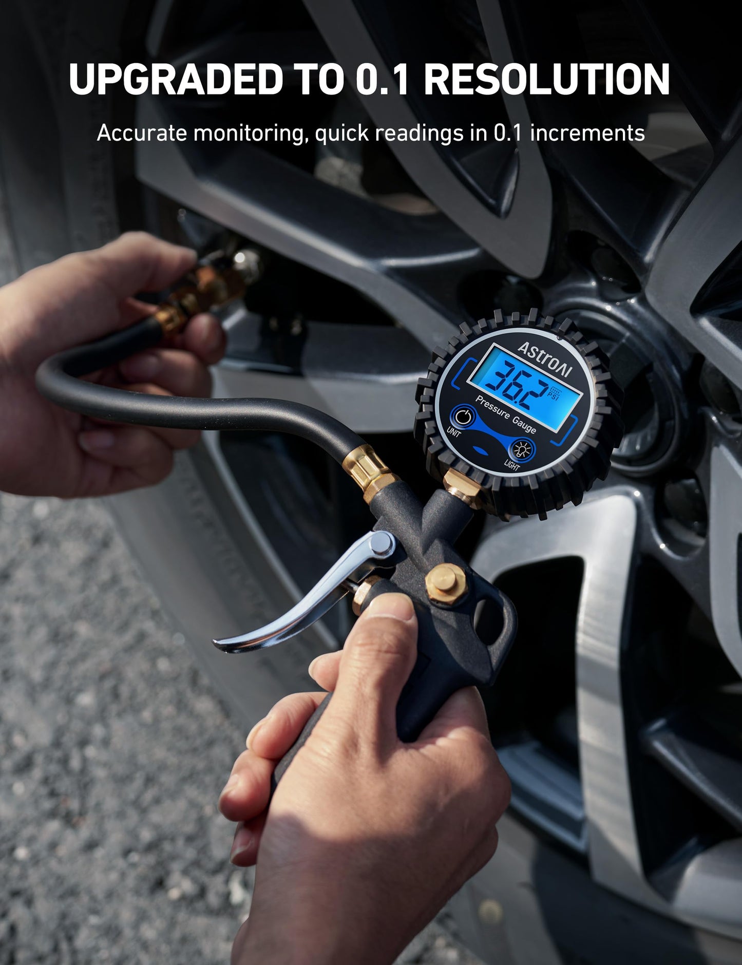 AstroAI Digital Tire Pressure Gauge with Inflator, 3-250 PSI Air Chuck & Compressor Accessories Heavy Duty with Quick Connect Coupler, 0.1 Display Resolution, 1pack