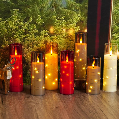 Sasigeiaa Flameless Candles with Embedded Star String - Battery Operated LED Candles, with Remote,12 Gold Flickering Candles for Christmas, Weddings, Home Decor & Party,(D 2.3"×H 5" 6" 7")