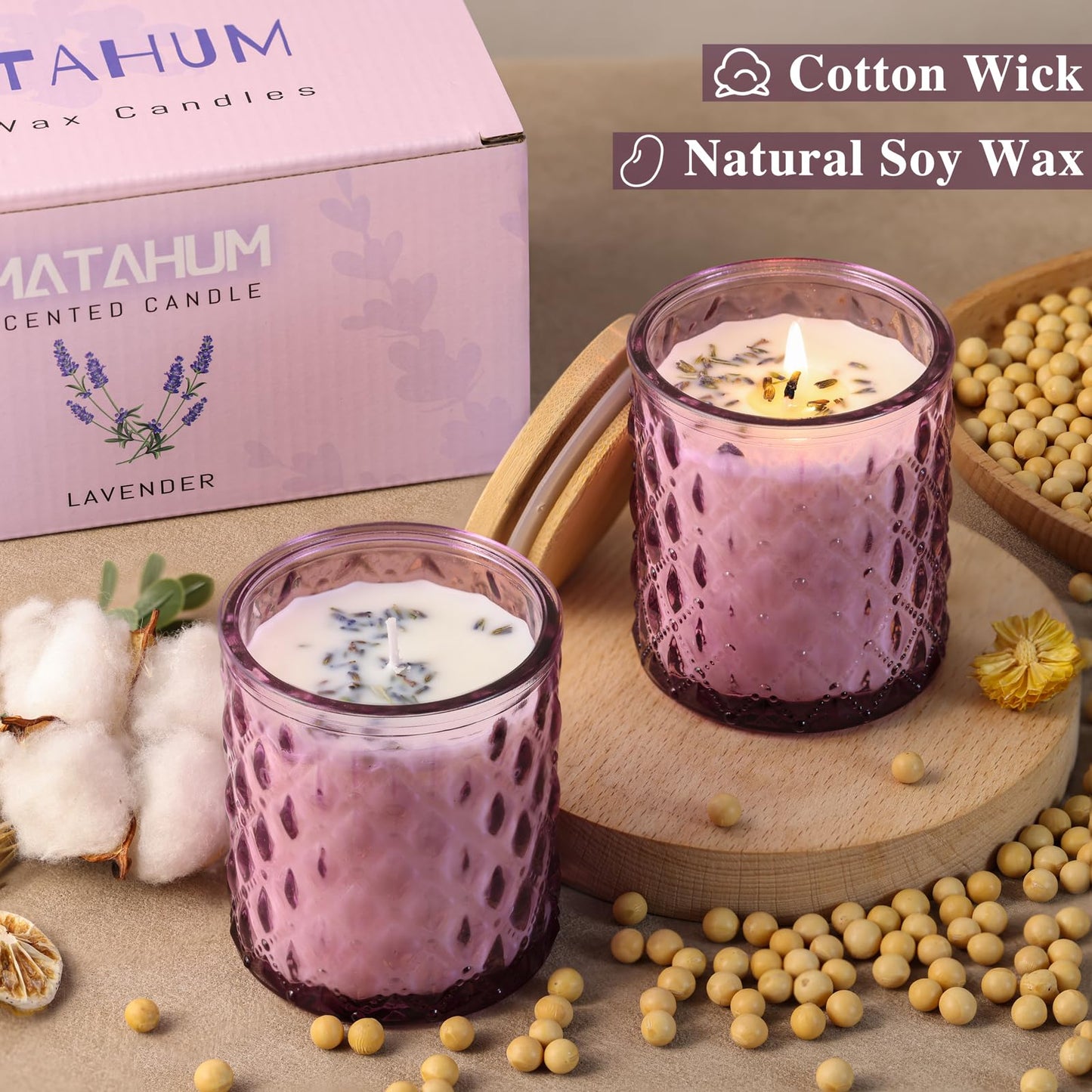 MATAHUM 2 Pack Lavender Scented Candles for Home Decor, 6.5oz Natural Soy Wax Aromatherapy Jar Candles, Lavender Candle for Relaxing Meditation, Birthday Housewarming Giftable for Women
