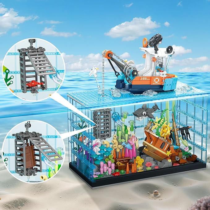 Fish Tank Building Blocks Set - 830PCS Ocean Treasure Hunt Building Set with Adventure Boat Shark Jellyfish &amp Coral Reef STEM Toys Birthday Christmas Building Blocks Gift Idea