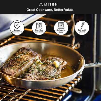 Misen 5-Ply Stainless Steel 12" Frying Pan - Professional Cookware for Induction, Gas and Electric - Dishwasher Safe, Oven Safe to 800°F - Durable, Versatile, Even Heating