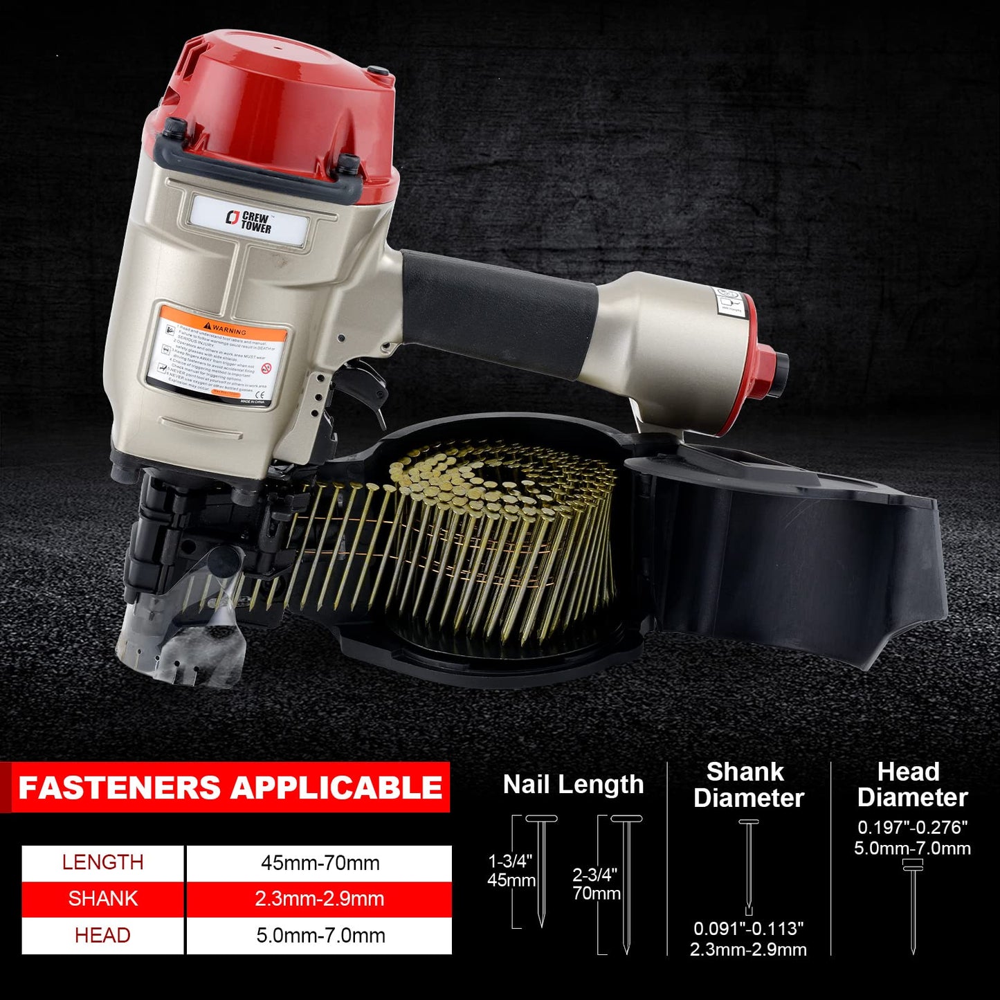 Coil Siding/framing Nailer CN70, 1-3/4-inch to 2-3/4-inch Pneumatic Siding Nail Gun, Air Coil Nailer with Rapid Shooting Engine for Pallet, Crating, Framing, Siding and Fencing
