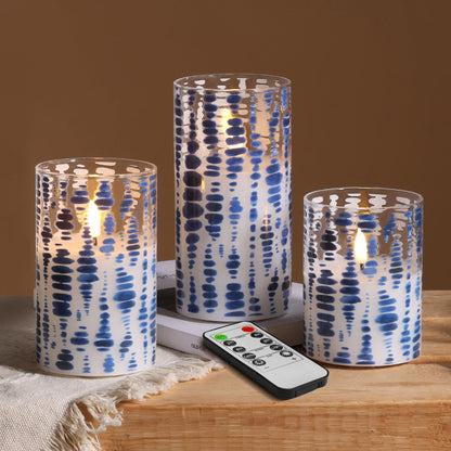 Eywamage Blue Dots Flameless Candles in Glass Jars, Flickering Battery LED Pillar Candles with Remote Set of 3