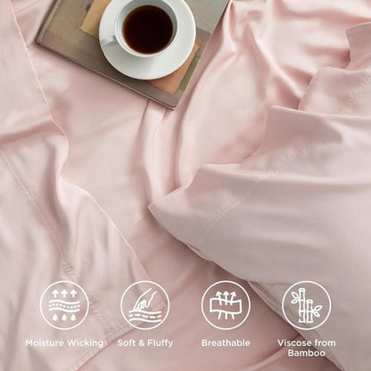 Bedsure Cooling Twin Sheets - Breathable Rayon from Bamboo | Soft & Silky Hotel Luxury Bedding in Pink, Deep Pocket Up to 16 Inches