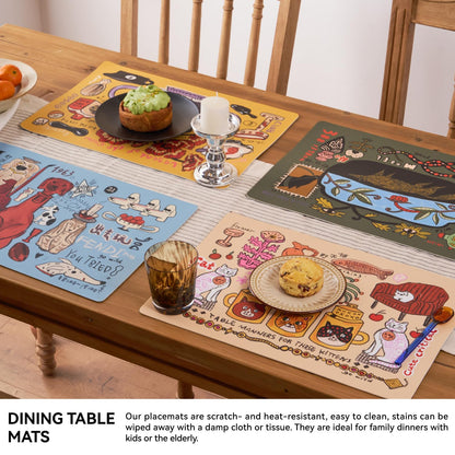 SAMCAM Placemats Set of 4 with Hand-Drawn Illustrations, 17.7" x 11.8", Faux Leather Place Mats, Waterproof, Heat Resistant, Anti-Slip, Easy to Clean, Table Mats for Dining, Kitchen, Coffee Table