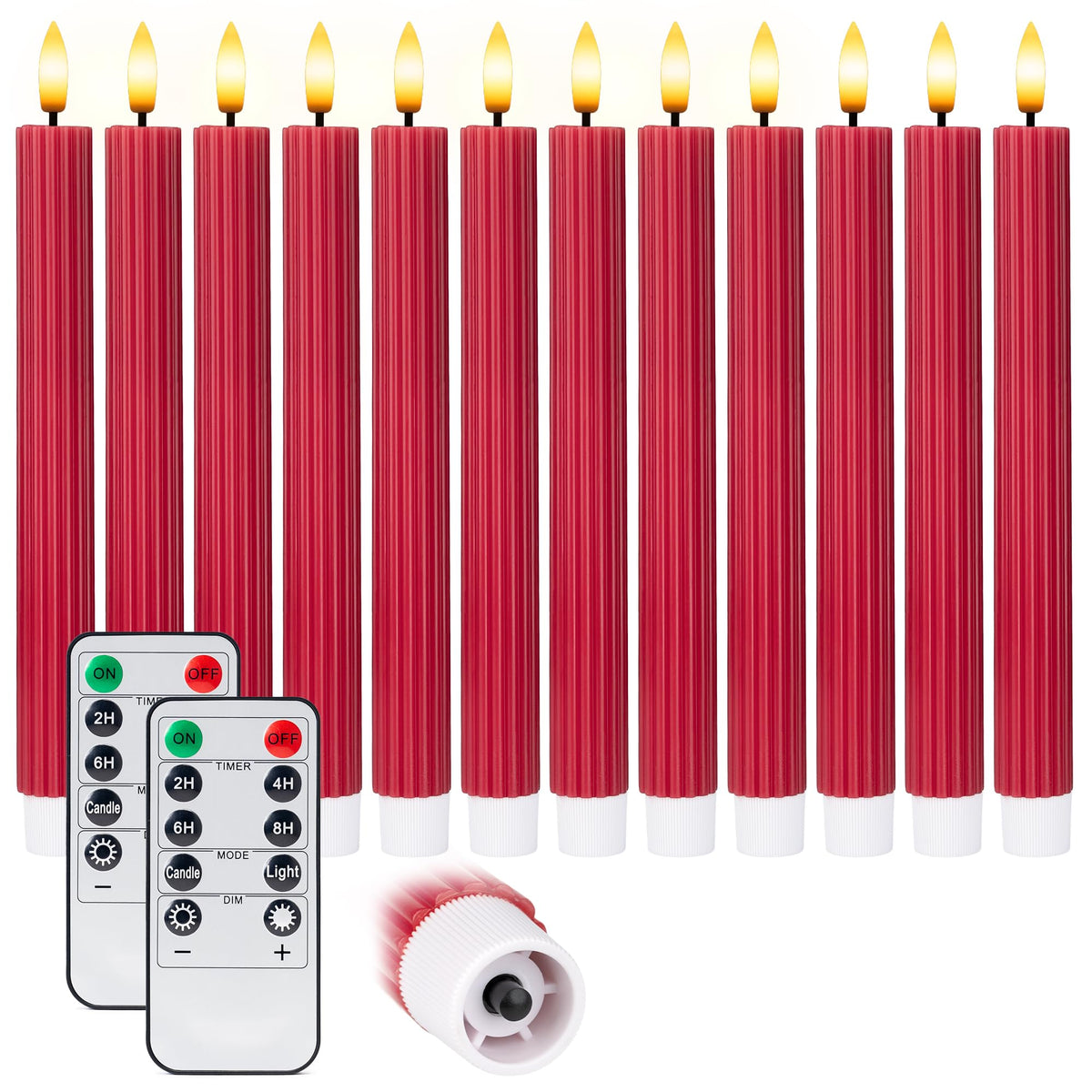 West Ivory 12 Pack, 10" LED Flameless Red Fluted Ribbed Grooved Taper Candles, Remote & 24h Timer Memory, On/Off Button, Dimmable, Flicker Mode, Battery Operated, Christmas Menorah Wedding
