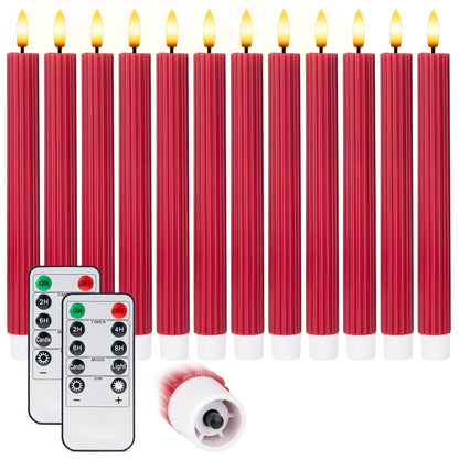 West Ivory 12 Pack, 10" LED Flameless Red Fluted Ribbed Grooved Taper Candles, Remote & 24h Timer Memory, On/Off Button, Dimmable, Flicker Mode, Battery Operated, Christmas Menorah Wedding