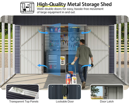 Jocisland 12x24 FT 2-in-1 Carport & Storage Shed, Heavy Duty Carport with Galvanized Steel Roof, 12x4.2 FT Metal Shed with 2 Transparent Panels & Double Doors, Car Canopy for Cars, Boats, Trucks
