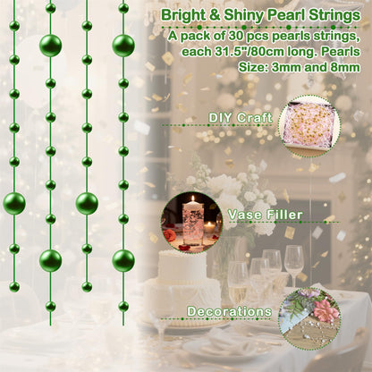 YATOJUZI 30 PCS Artificial Pearl String Green Vase Filler Floating Pearls for Vases Centerpieces Faux Pearl Beads String Decorations Wedding Holiday Party Decor