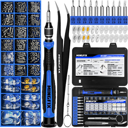 Eyeglass Sunglass Repair Kit,MINGFIX Magnetic Eye Glasses Repairing Tool Kit with Assorted Screws,Nose Pads,Small Screwdriver Bit Set & Tweezer with Mini Travel Case for Glasses,Sunglasses and Others