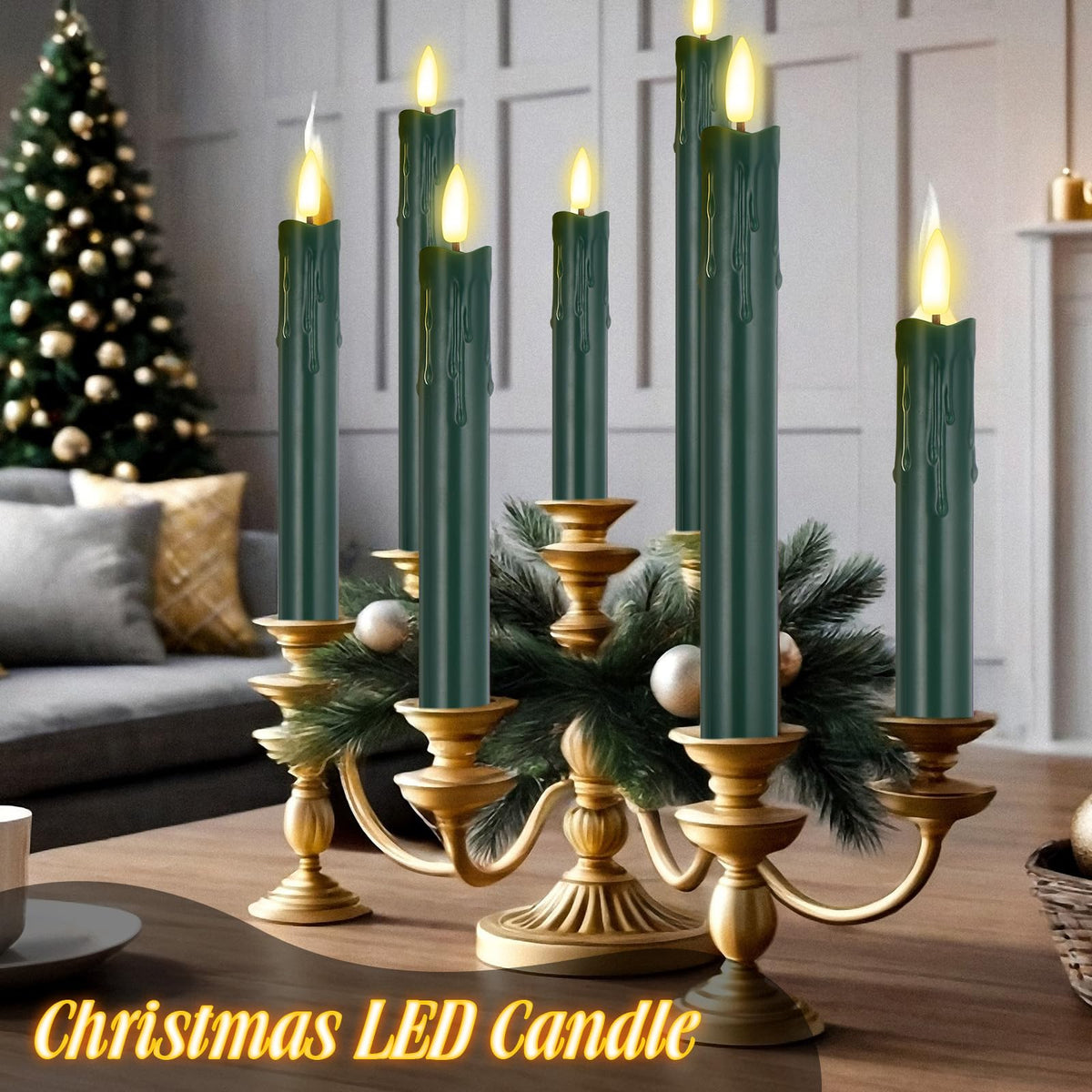 Macarrie 24 Pcs Green Flameless Taper Candles LED Battery Operated 6.5'', 7.7'', 8.8'', 10'' 3D Flickering Flame Candlesticks Drip Wax Shaped Candles for Wedding Birthday Party Decor